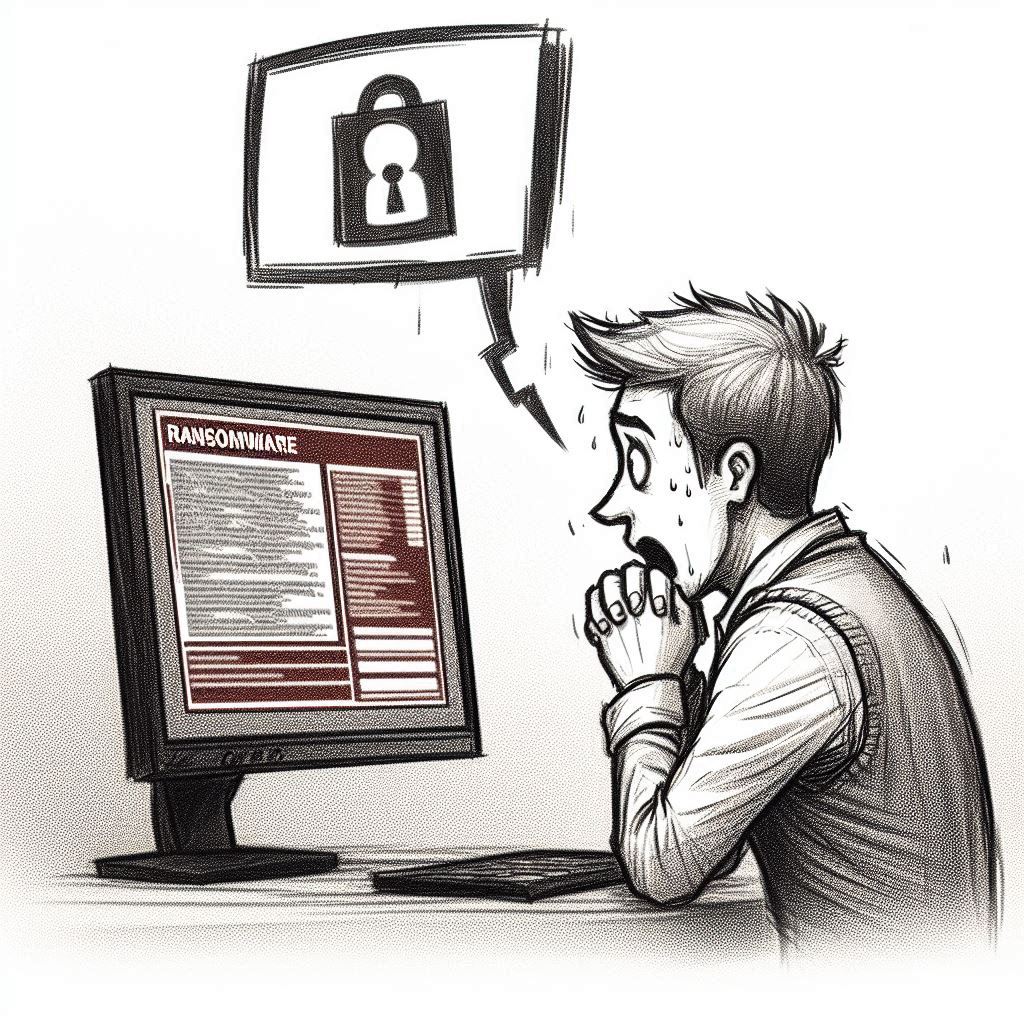fumetto, operatore spaventato guarda un monitor con un messaggio di riscatto